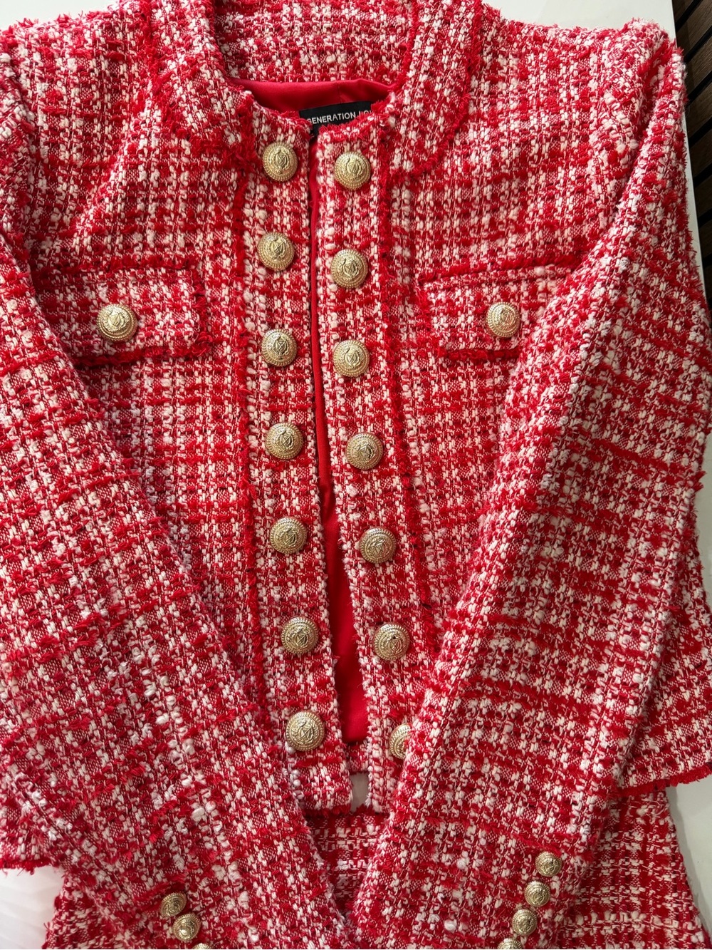 Generation Love Red Tweed Satin-Lined Jacket and skirt